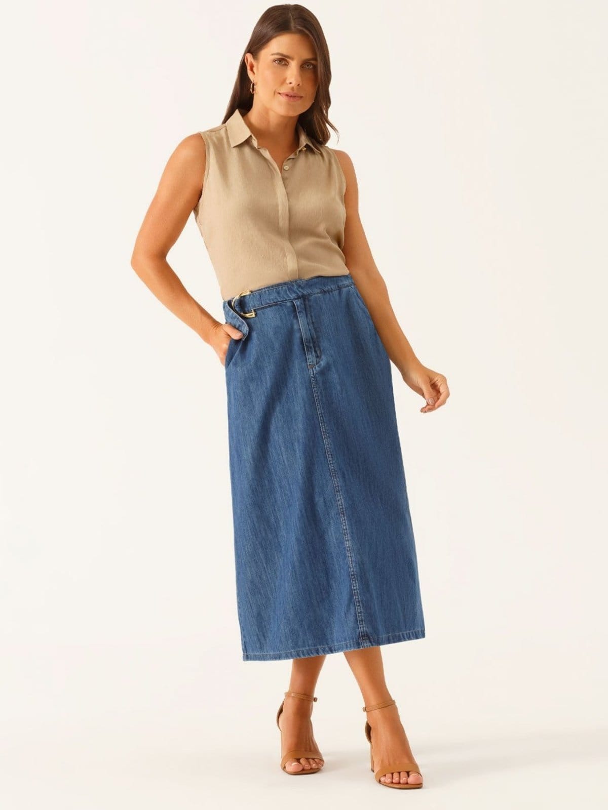 Vista 2 Saia Jeans Evasê Longuete Médio Vanice Principessa azul