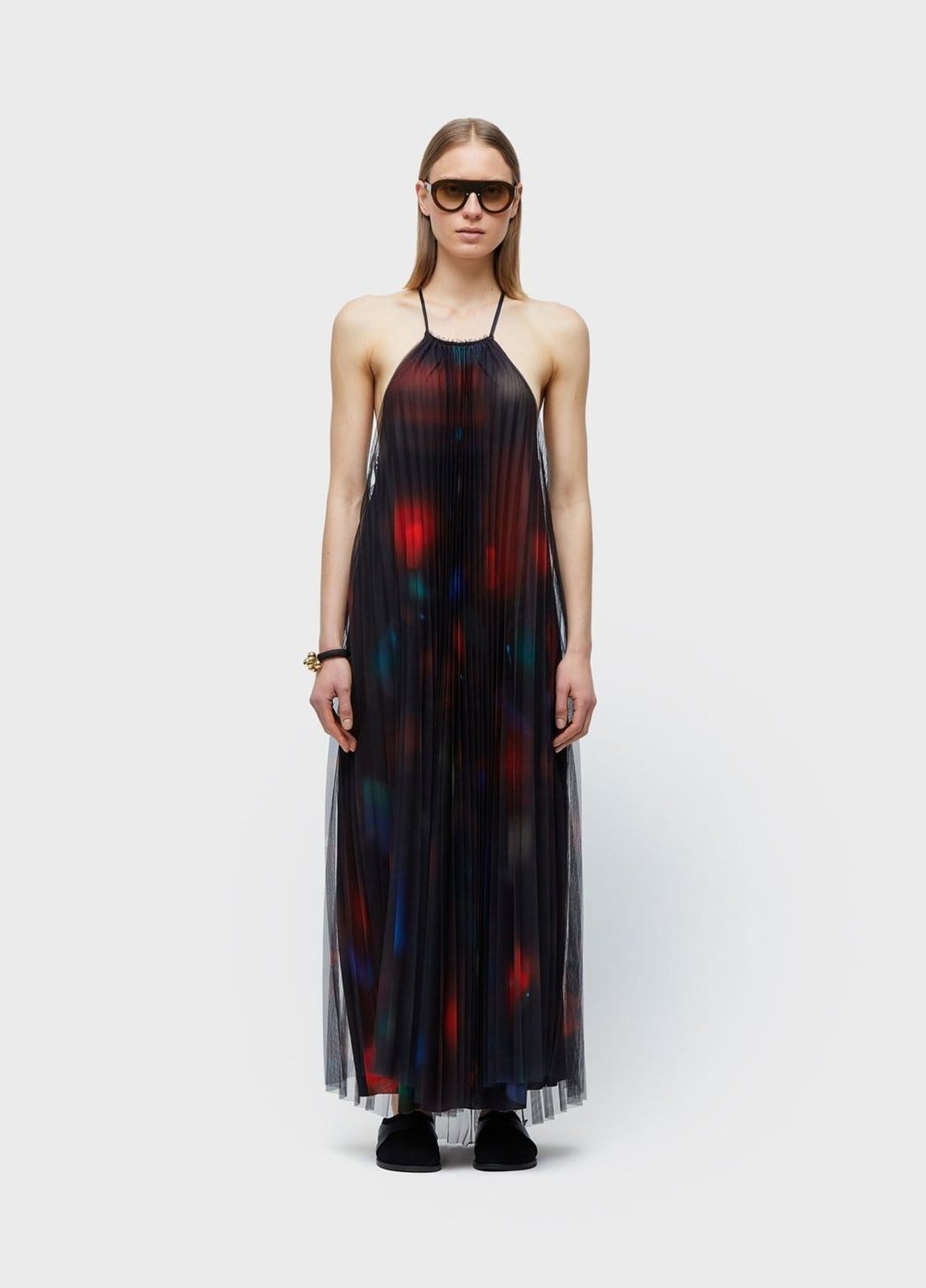 Vestido longo tule plissado rose blur