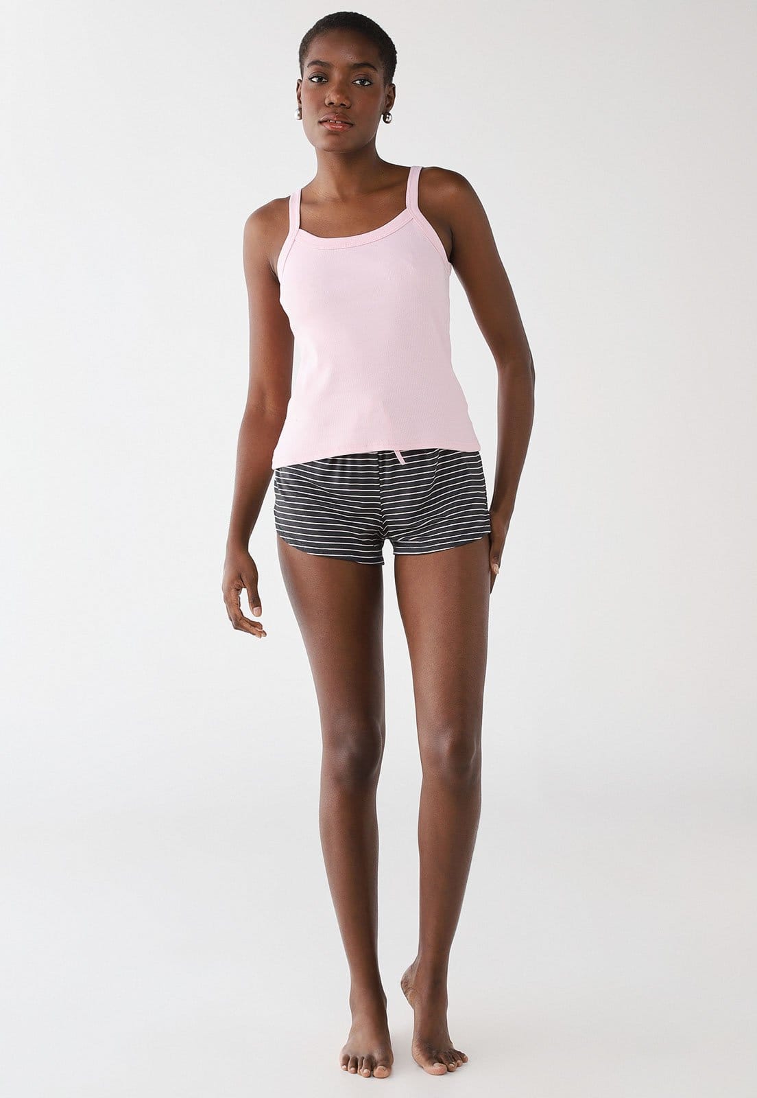 Vista 2 Pijama Curto Feminino Malwee Regata Claro e Short Listrado Preto Malwee rosa