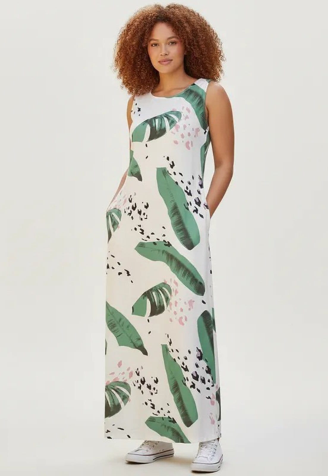 Vestido CabanaFree Longo Plano com Bolso Estampa Folhagem Poética