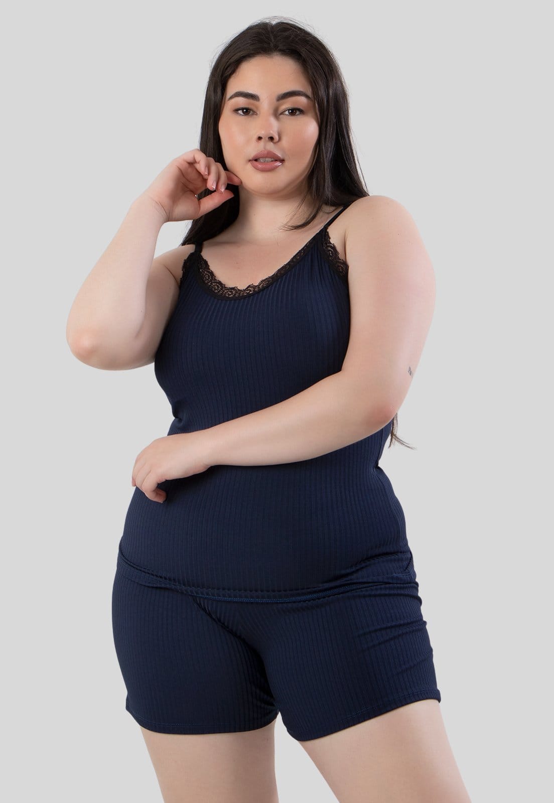 Baby Doll Plus Size Diluxo Canelado Ribana Detalhe em Renda