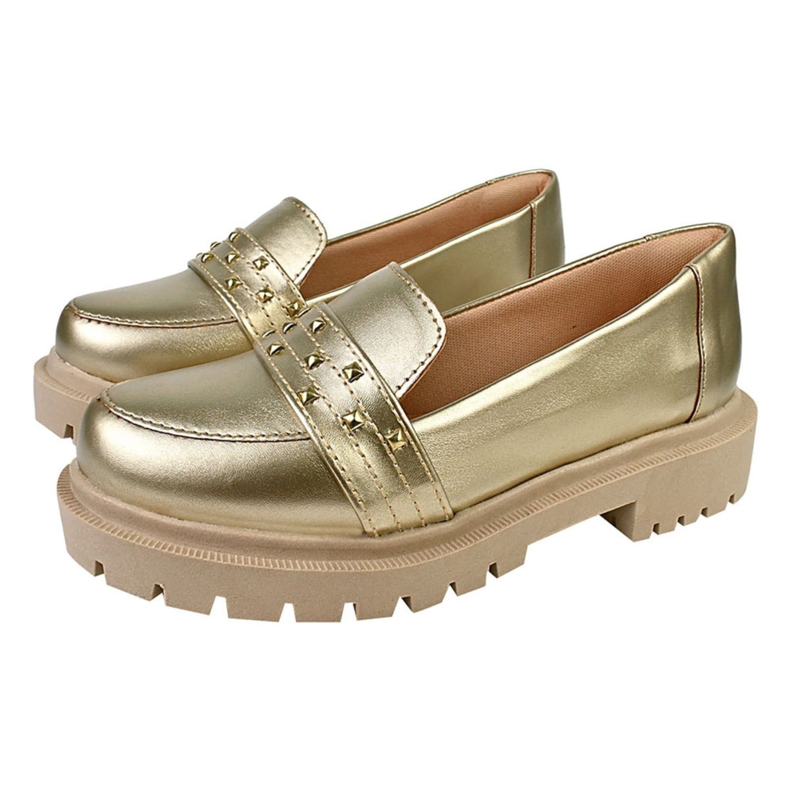 Sapato Feminino Mocassim Tratorado Donatella Shoes Bico Redondo Confort Tacha Spike Ouro Light