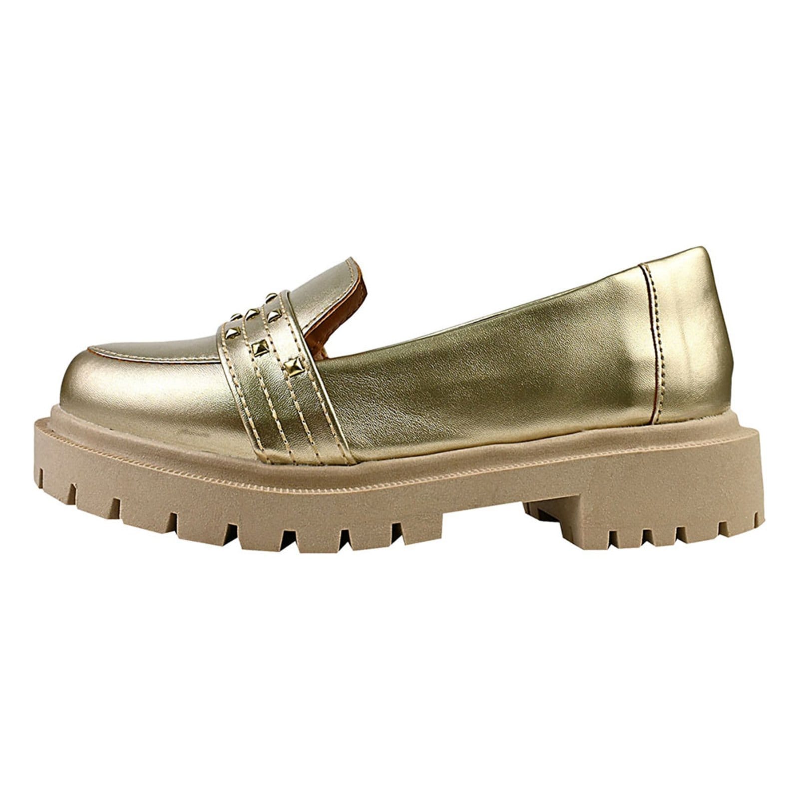 Vista 2 Sapato Feminino Mocassim Tratorado Donatella Shoes Bico Redondo Confort Tacha Spike Ouro Light Donatella Shoes dourado