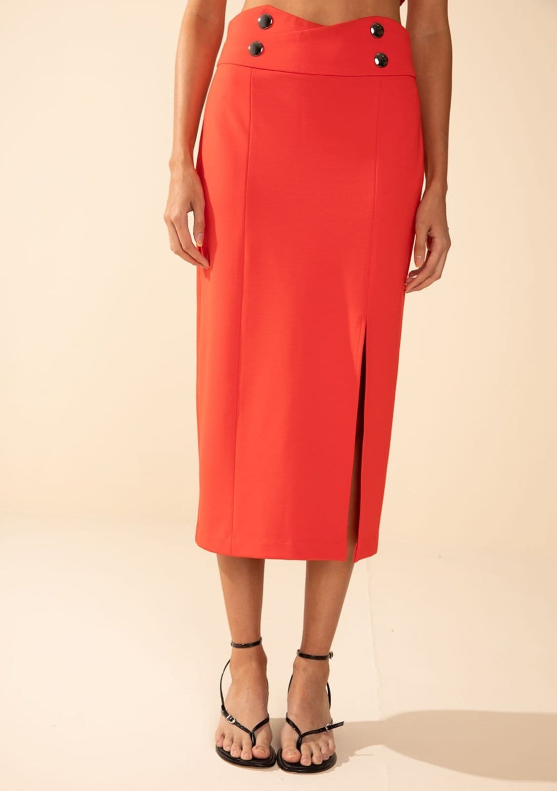 Vista 2 Saia Morena Rosa Reta Alta Midi Estampado Morena Rosa vermelho rosa