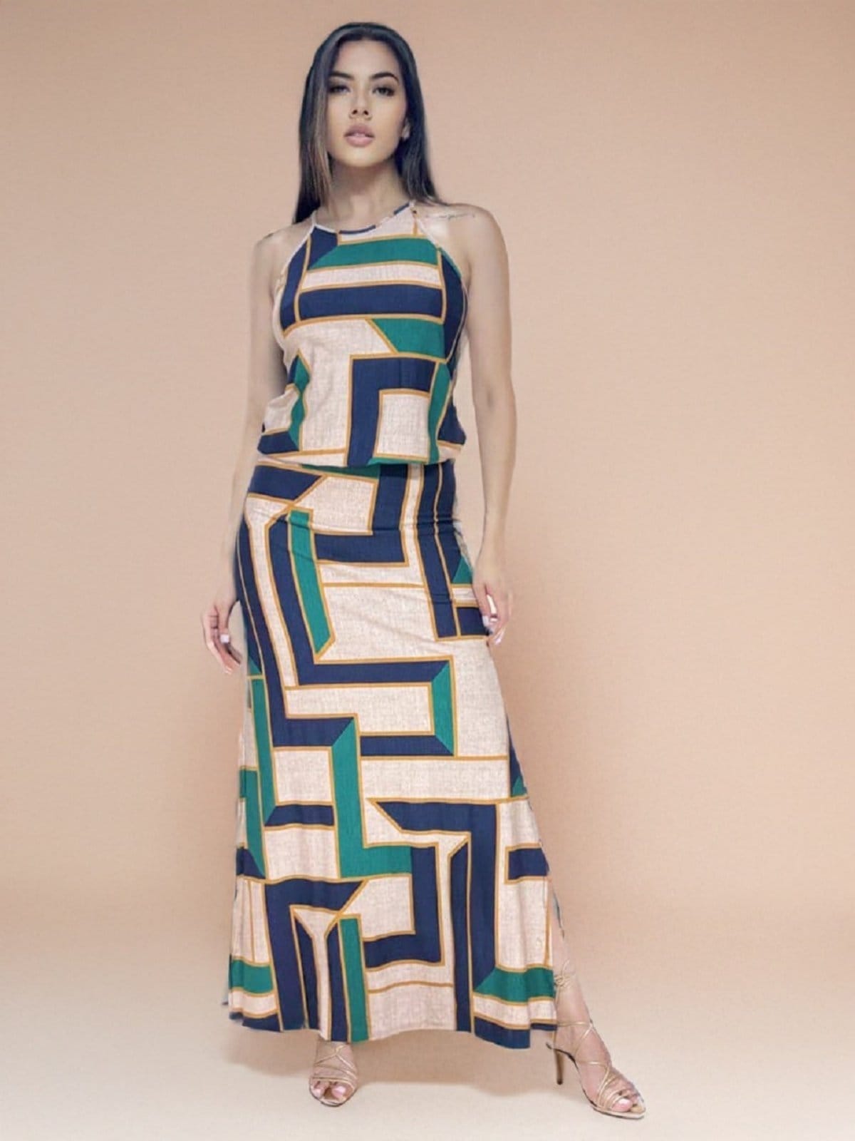 Vista 2 Vestido Longo Malha Trapézio com Elástico na Cintura Chapada de Areia Cabanafree azul/bege/verde