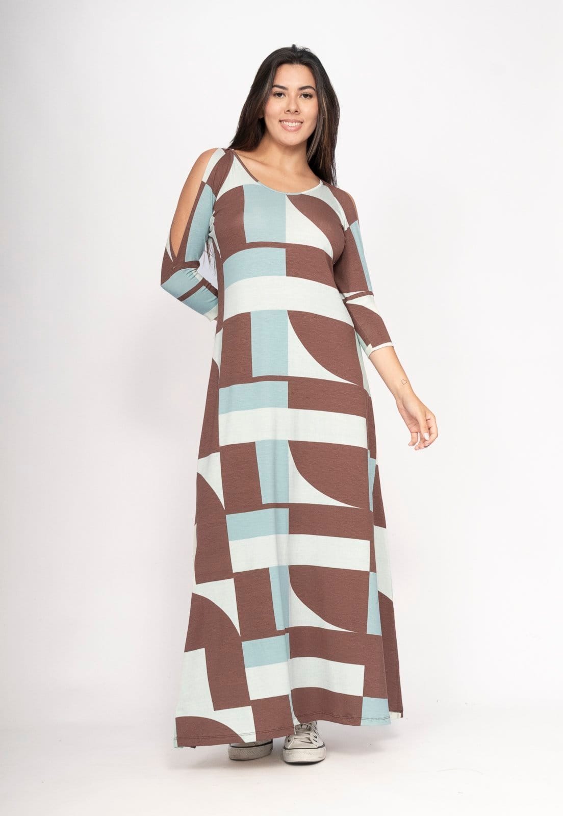 Vista 2 Vestido CabanaFree Boyrá Longo Malha Detalhe na Manga Santa Rosa do Tocantins Cabanafree estampado rosa