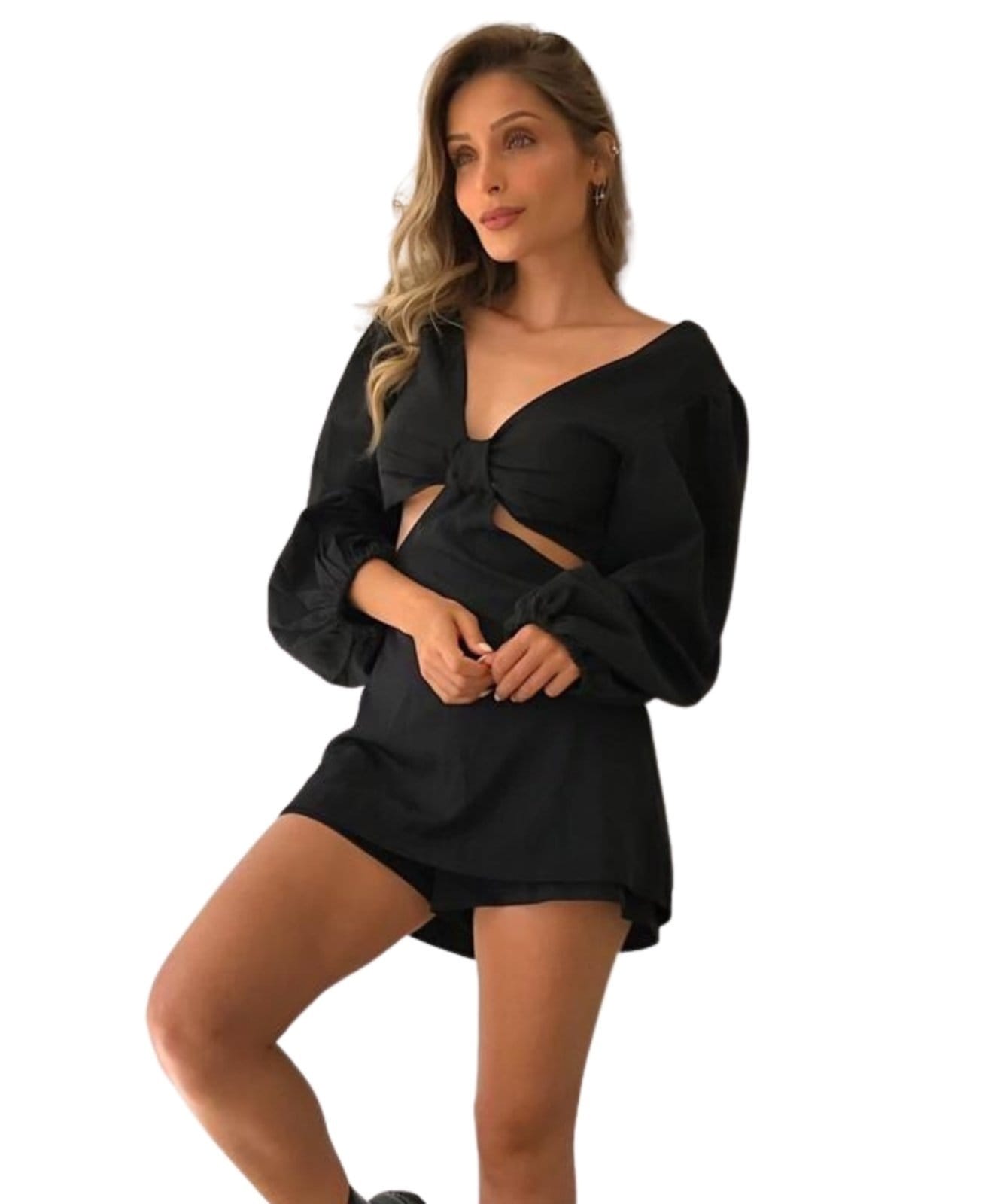 Vista 2 Macaquinho Viscose Amarração Recortes Cia do Vestido preto