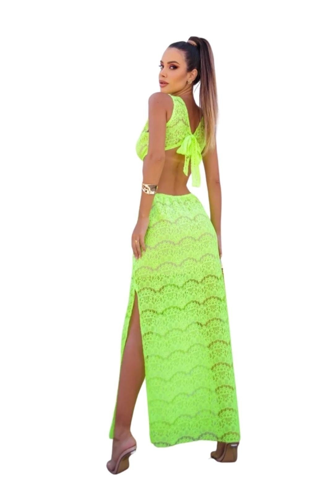 Vista 2 Vestido Nina Fenda Renda Abertura Verde Lima Neon Cia do Vestido amarelo/verde verde