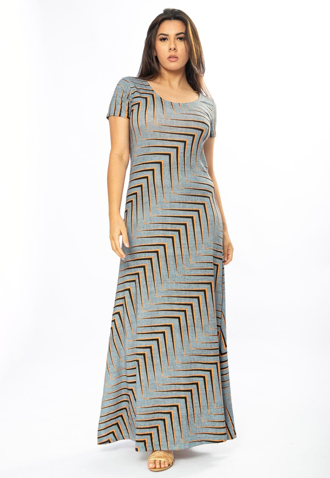 Vista 2 Vestido Longo Cabanafree Malha Gola Canoa Manga Curta Estampa Murici Cabanafree estampado/laranja/preto