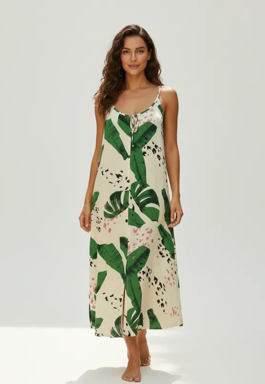 Vestido Longo Cabanafree Caçuá Viscose Alça Fina Estampa Folhagem Poética