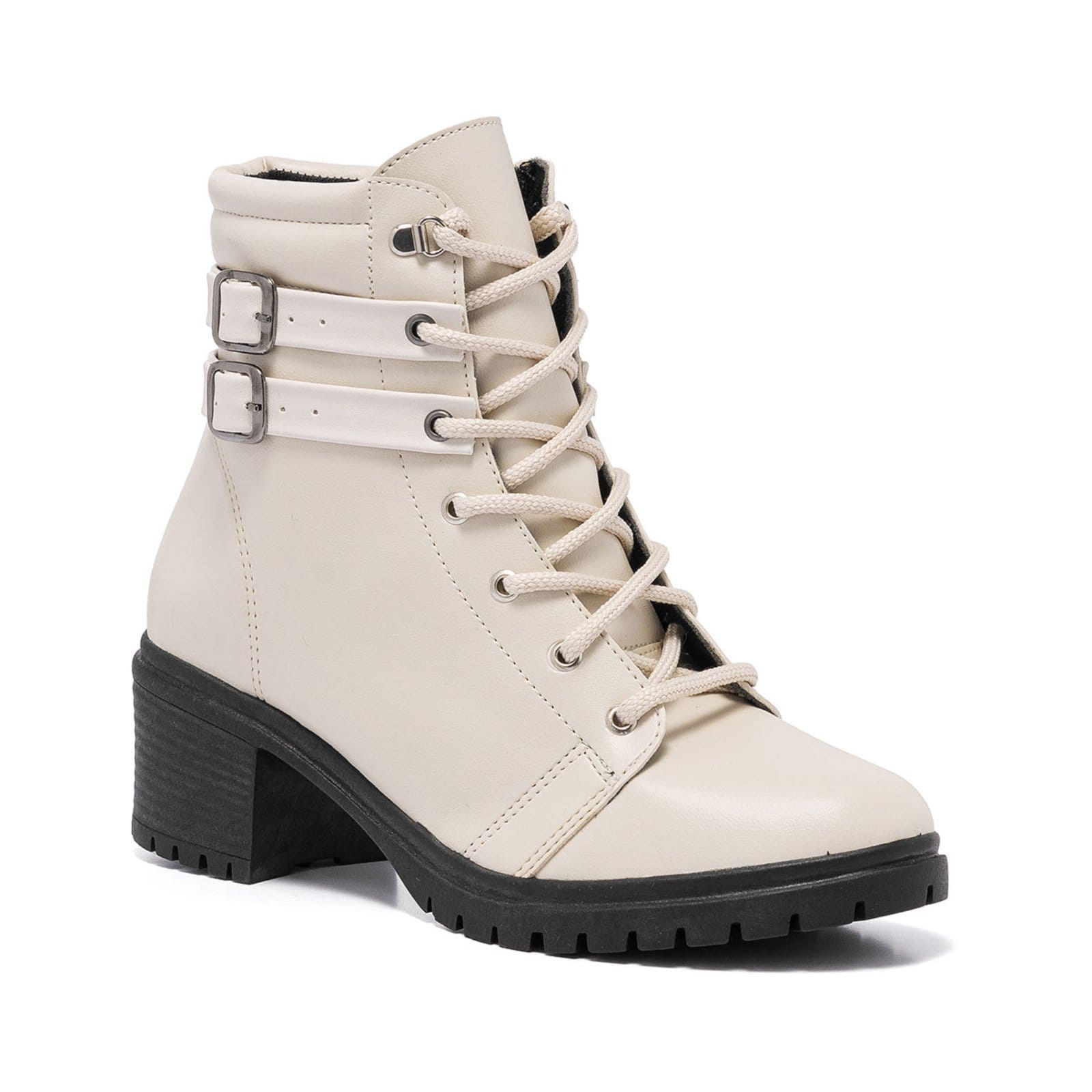 Vista 2 Bota Coturno Feminina Cano Baixo Tratorada Off White Confort Fivelas Stessy Shoes off-white white