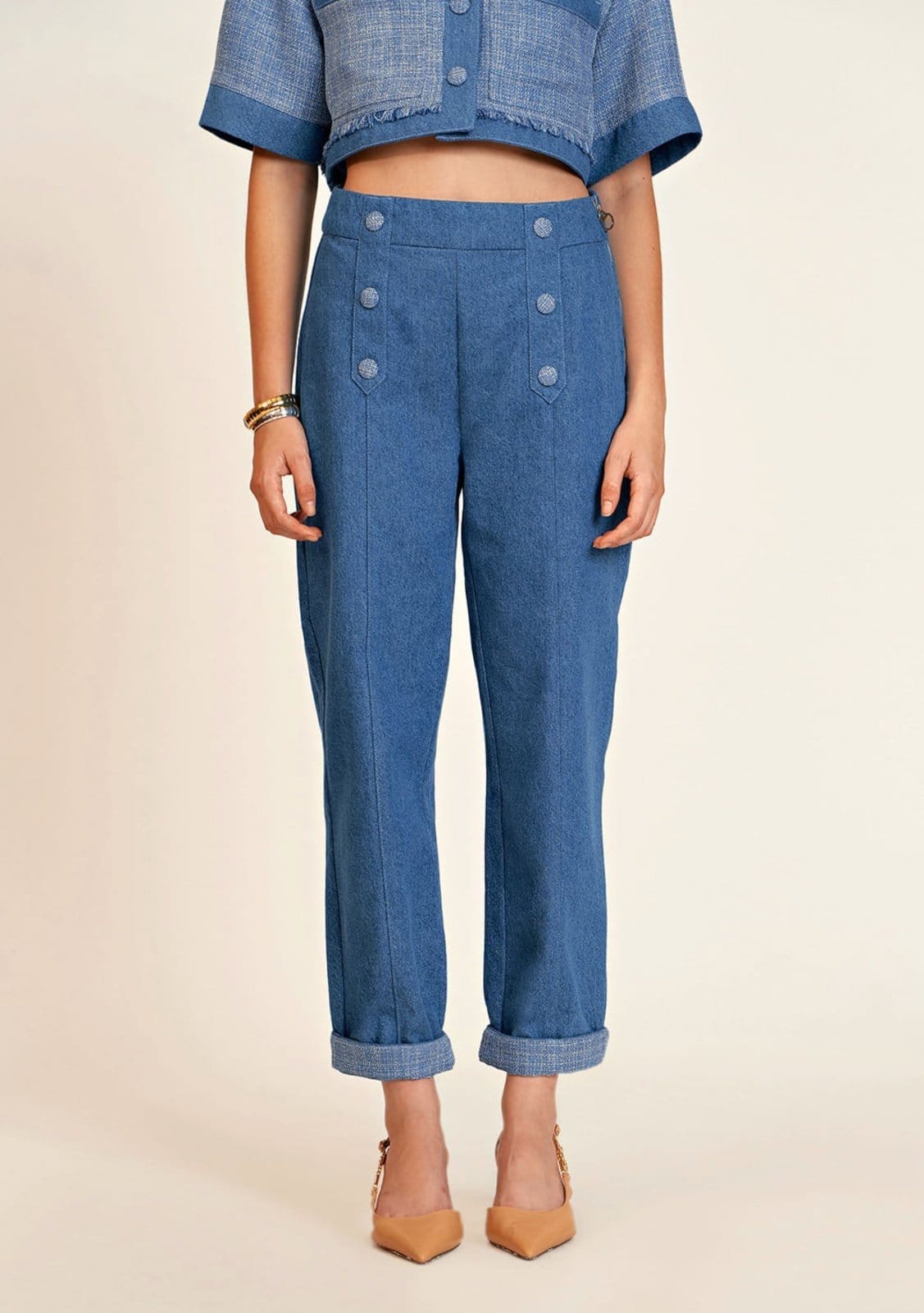 Vista 2 Calca Zinco Alfaiataria Cós Alto Composê De Tecidos Zinco jeans