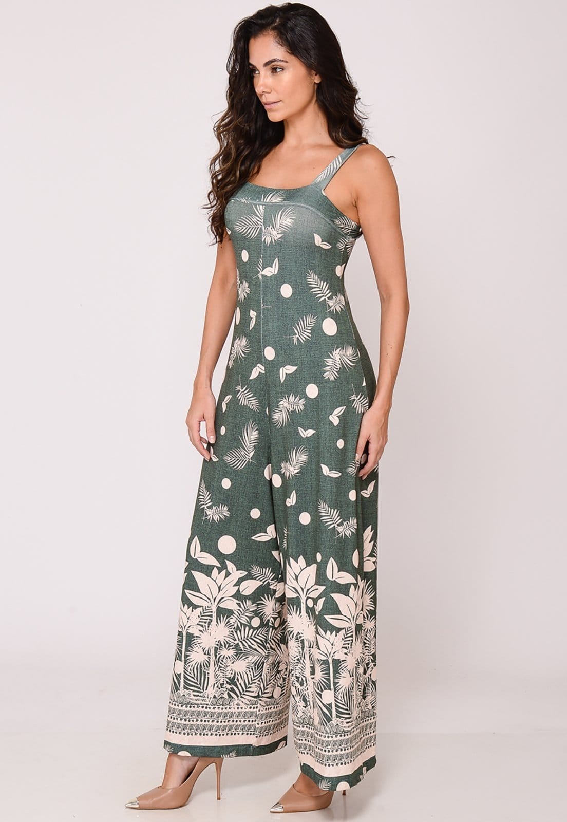 Vista 2 Macacão Pantalona Alça Fina B’Bonnie Noa Estampa Verde B'Bonnie estampado verde