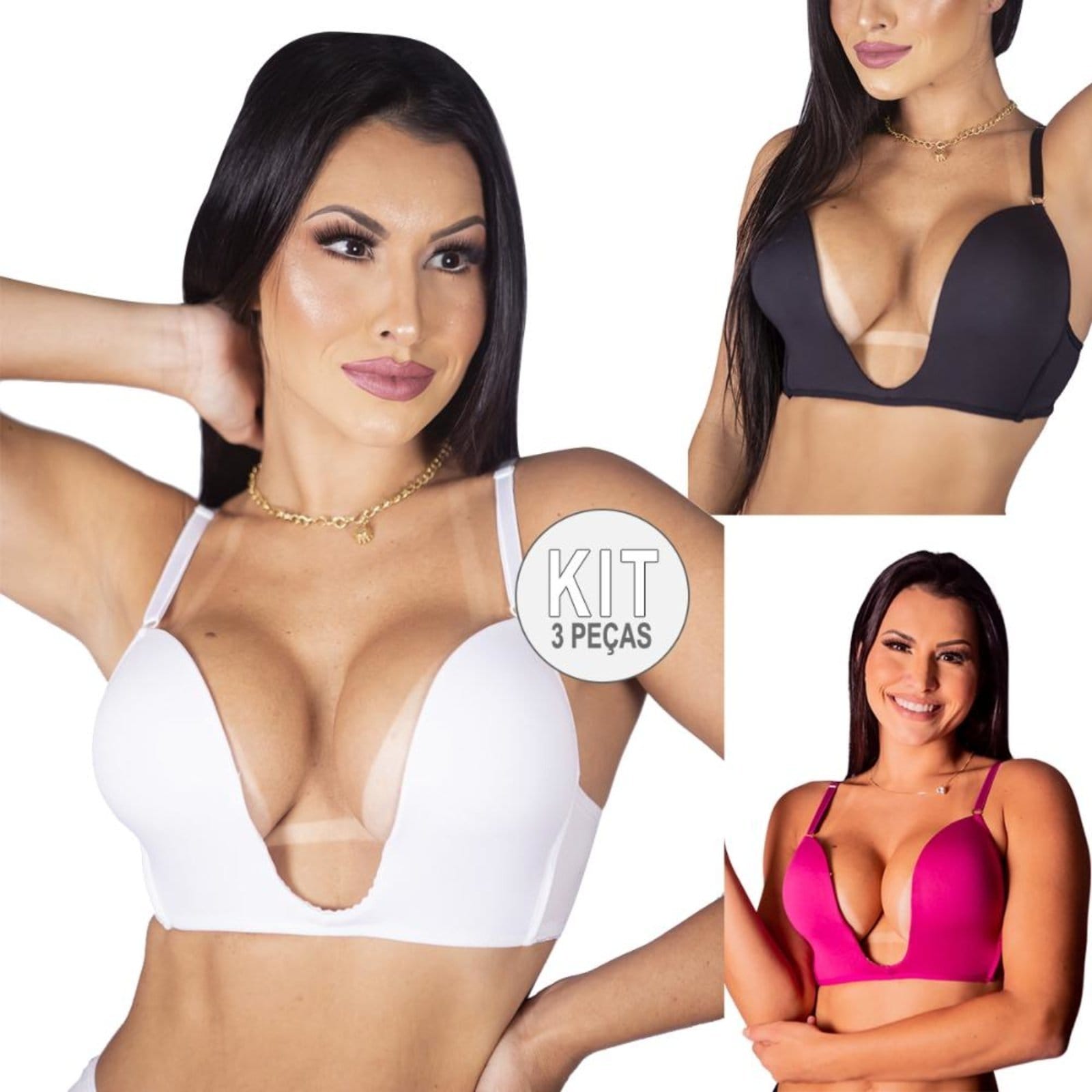 Kit 3 Sutiãs Decote profundo Push Up