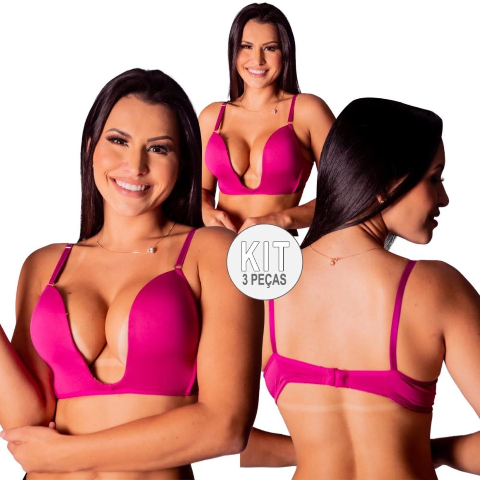 Vista 2 Kit 3 Sutiãs Decote profundo Push Up SEM MARCA rosa