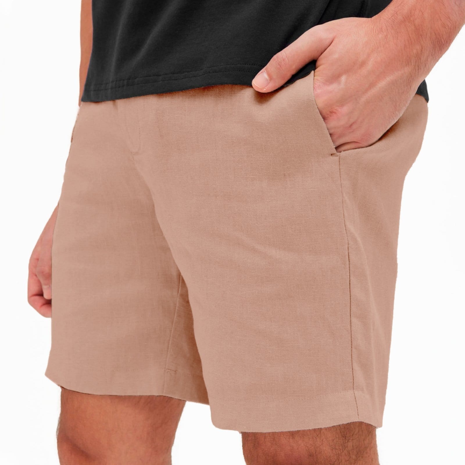 Vista 2 Short de Linho Premium Bermuda Masculina Moda Praia Luxo Relaxado bege
