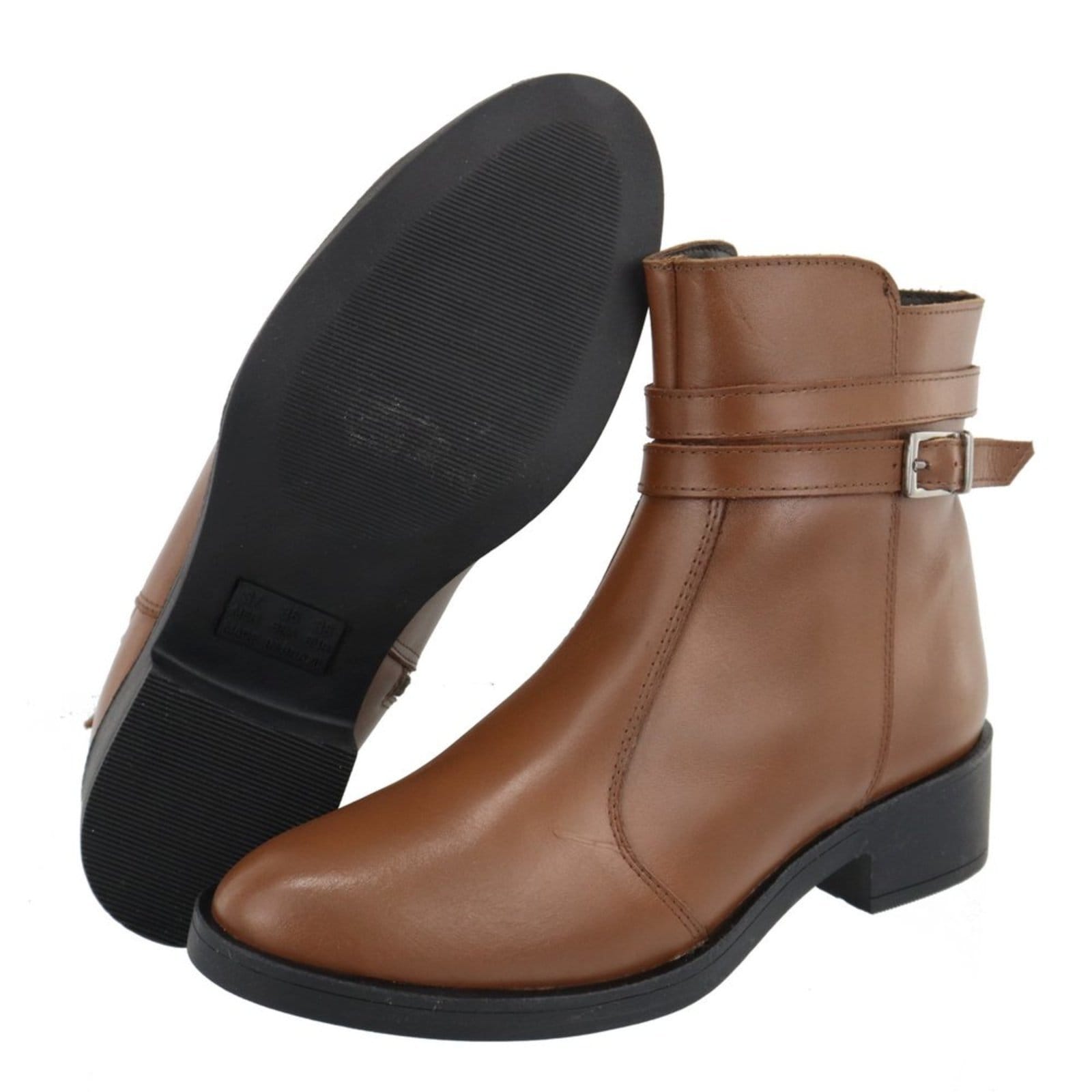 Vista 2 Bota em Couro Feminina Cano Curto Conhaque Fivela Lançamento TELLINI STORE caramelo