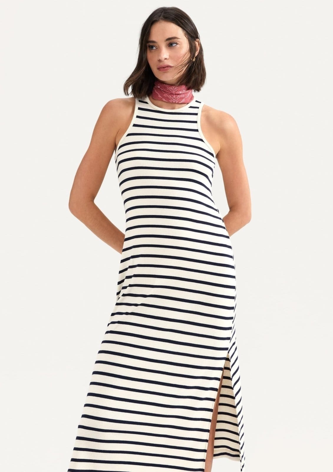 Vista 2 Vestido Midi Listrado Com Fenda Hering nude