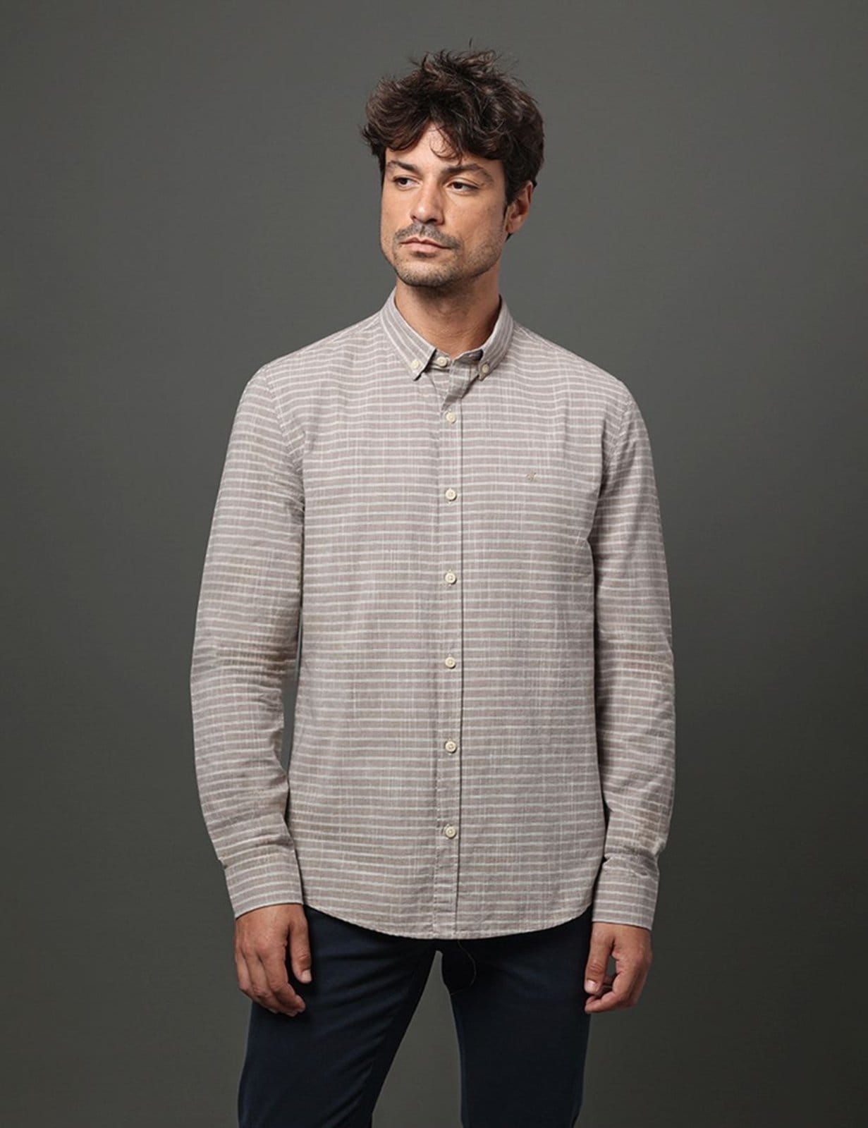 Camisa Masculina Slim Listras Calvin Klein Jeans - Caqui Medio