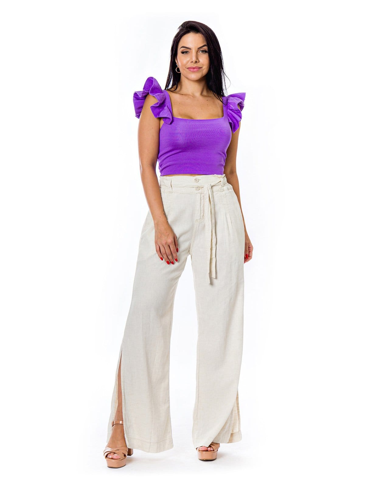 Vista principal Calça Pantalona Restrito Jeans de Linho Com Lastex Restrito Jeans bege