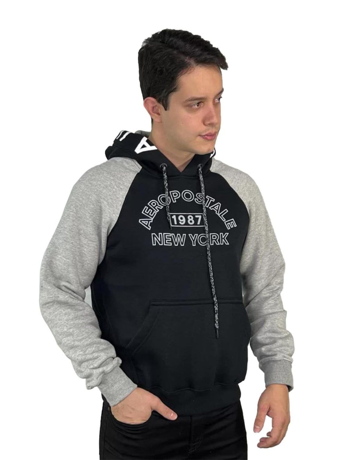 Vista 2 Moletom Aeropostale Masculino Hoodie Raglan Arc Lettering Mescla Aeropostale preto