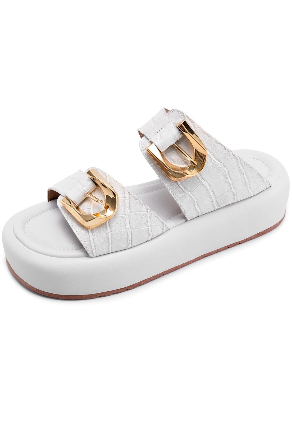 Sandália Flatform Feminina Lumiss Croco Fivelas Dourada Confortável Off White