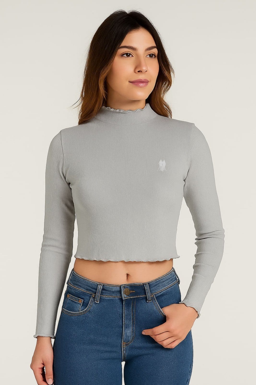 Blusa Tricot Feminina Ribana Gola Alta Polo Wear Mescla Claro