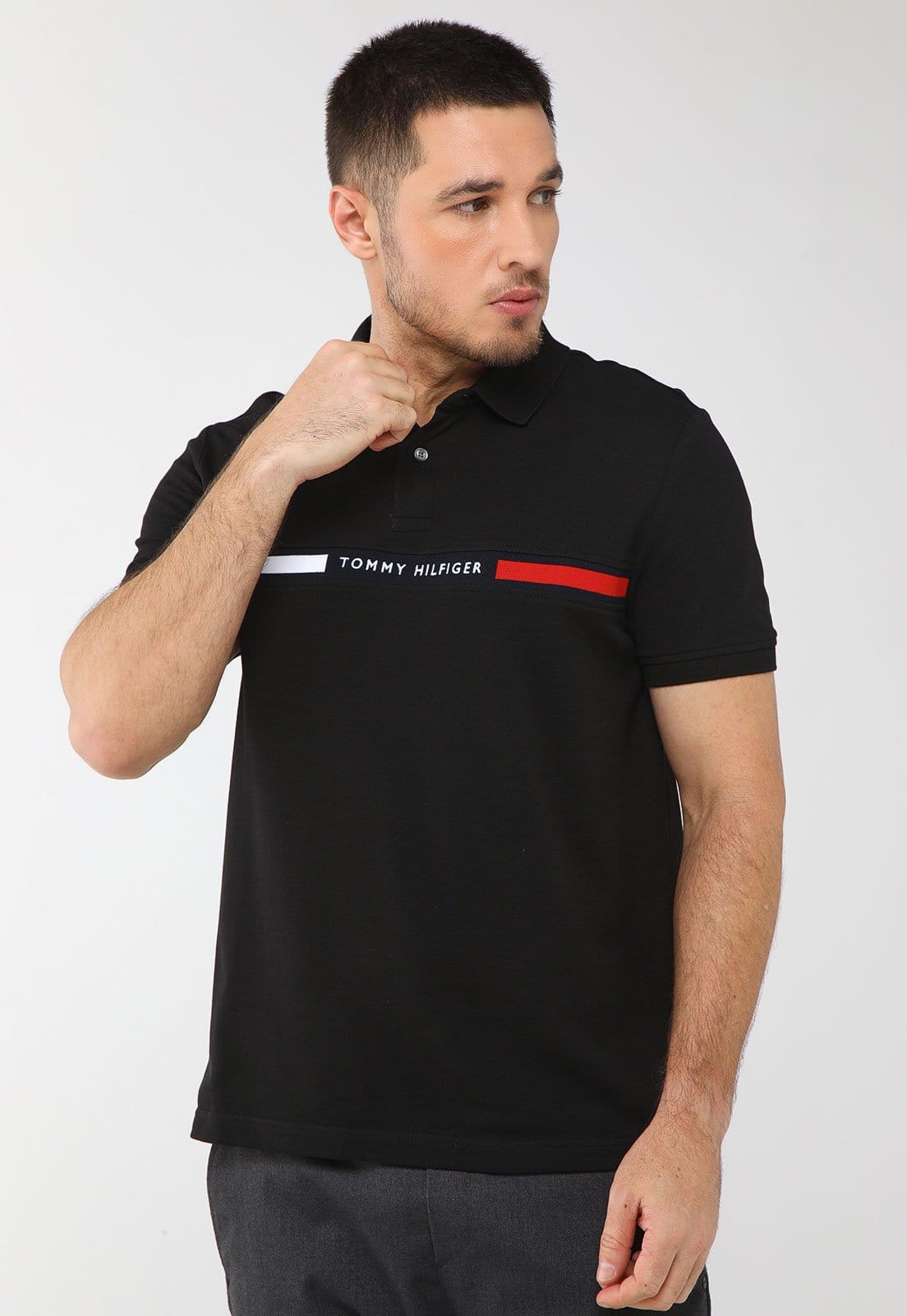 Camisa Polo Masculina Tommy Hilfiger Hilfiger Chest I Preta
