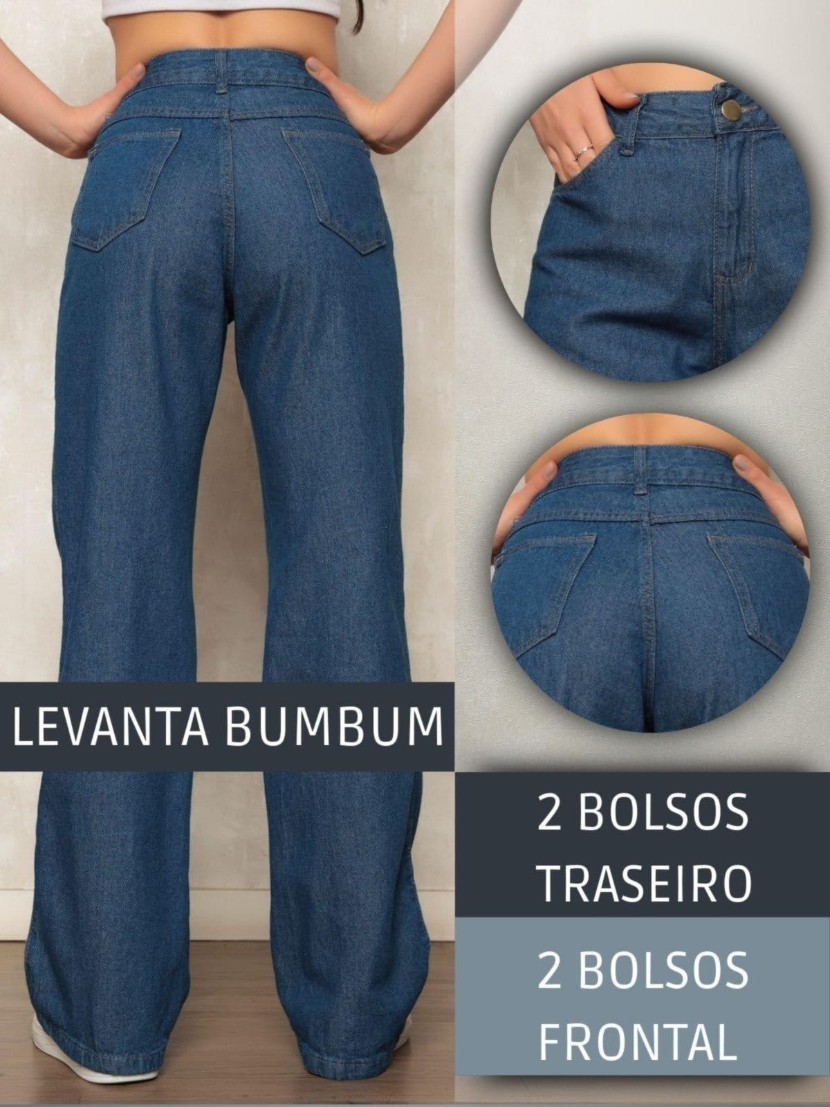 Vista 2 Calça Jeans Wide Leg Pantalona Feminina Escuro Tendência Fashion Safira Moda azul