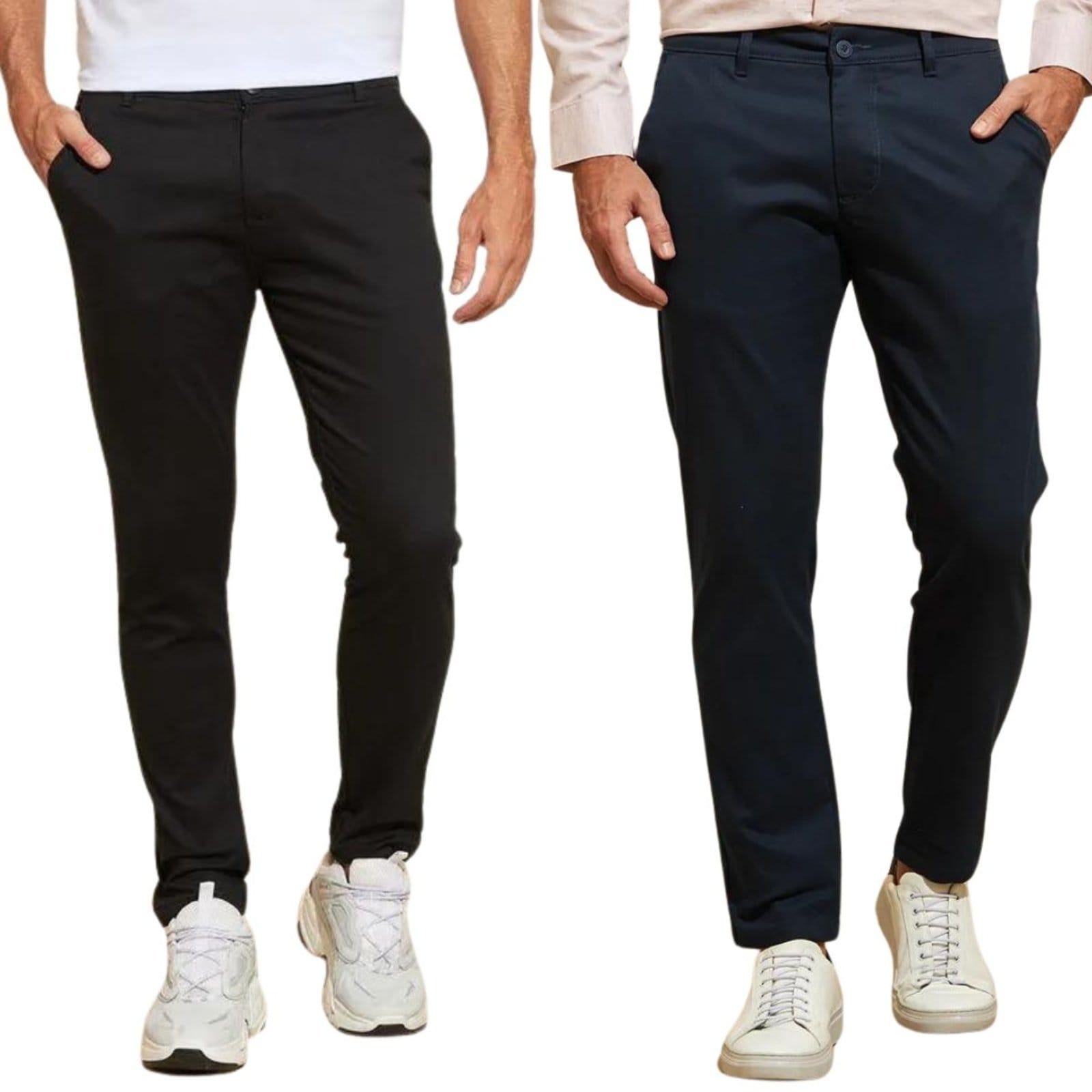 Kit 2 Calças FMF de Sarja Chino Com Bolso Traseiro Embutido Alfaiataria Skinny Preto e Marinho