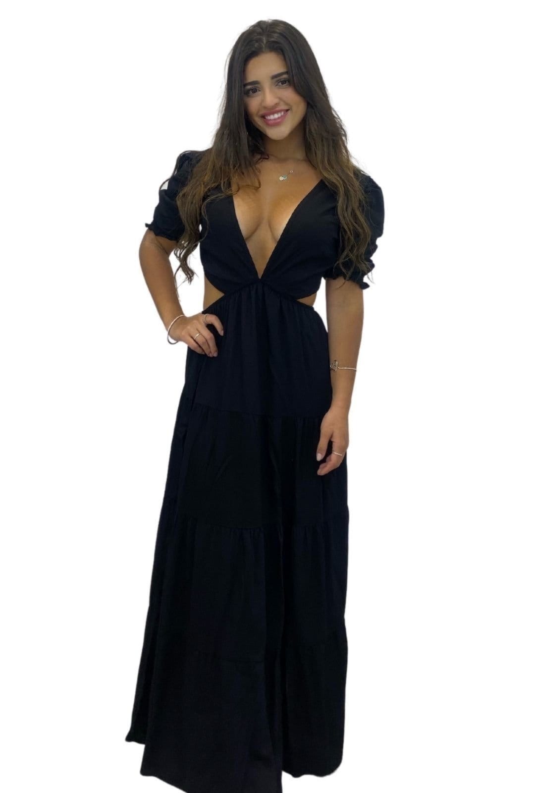 Vista 2 Vestido Decotado Manu Abertura Viscose Manga Curta Cia do Vestido preto