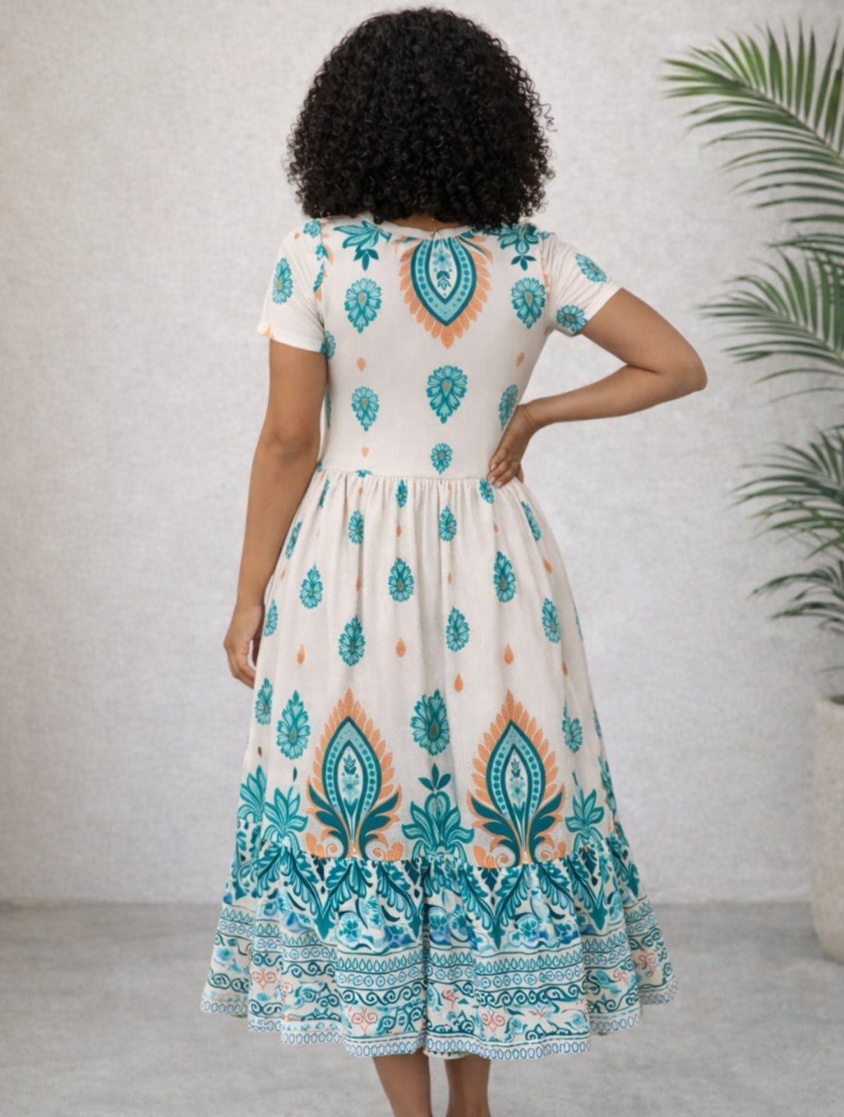 Vista 2 Vestido Estampado Manga Curta Moda Verão Casual Confortável Verde Água Elegante Docce Mulher azul verde