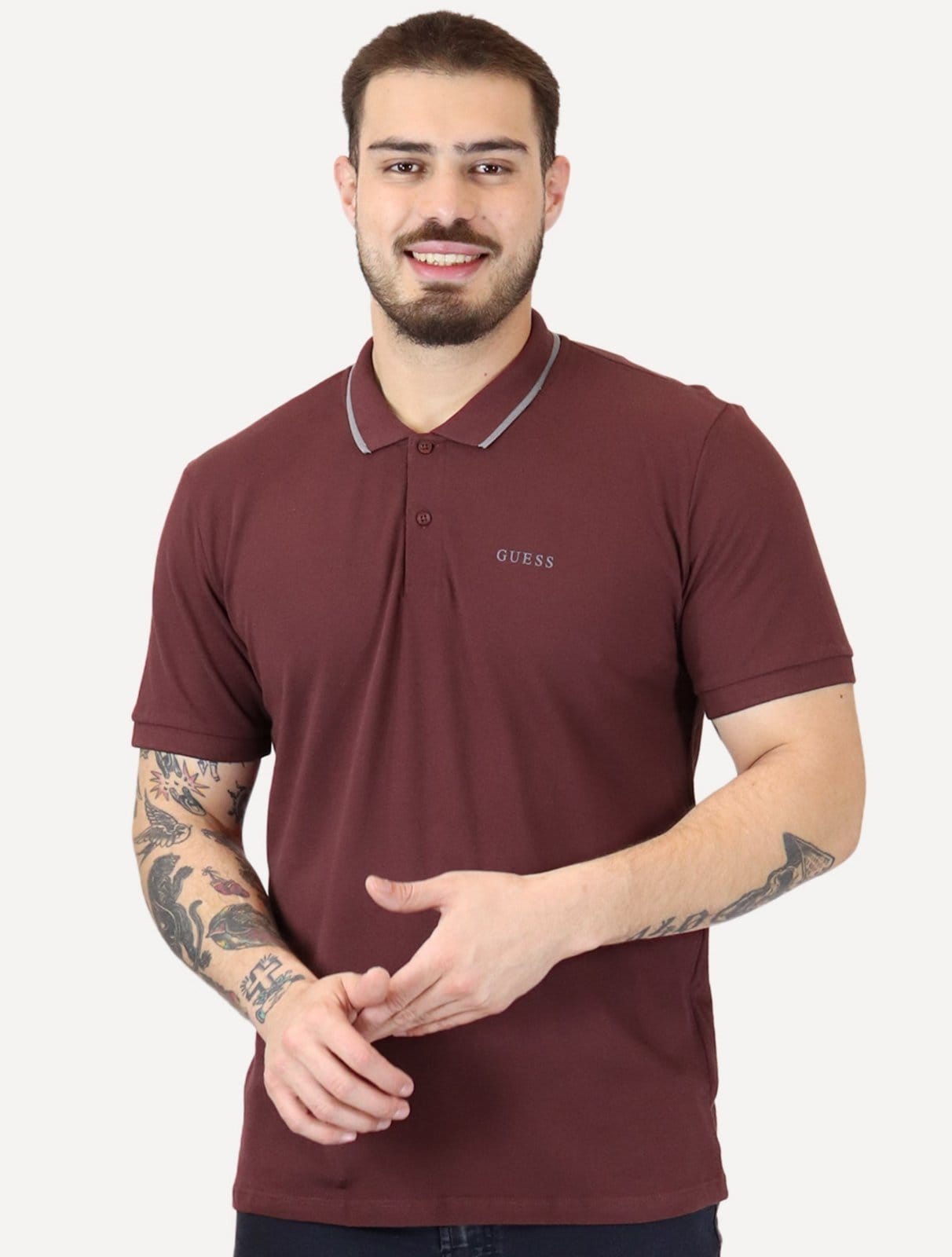 Vista principal Polo Guess Masculina Piquet Silk Linear Light Friso U.S. Polo Assn. bordô