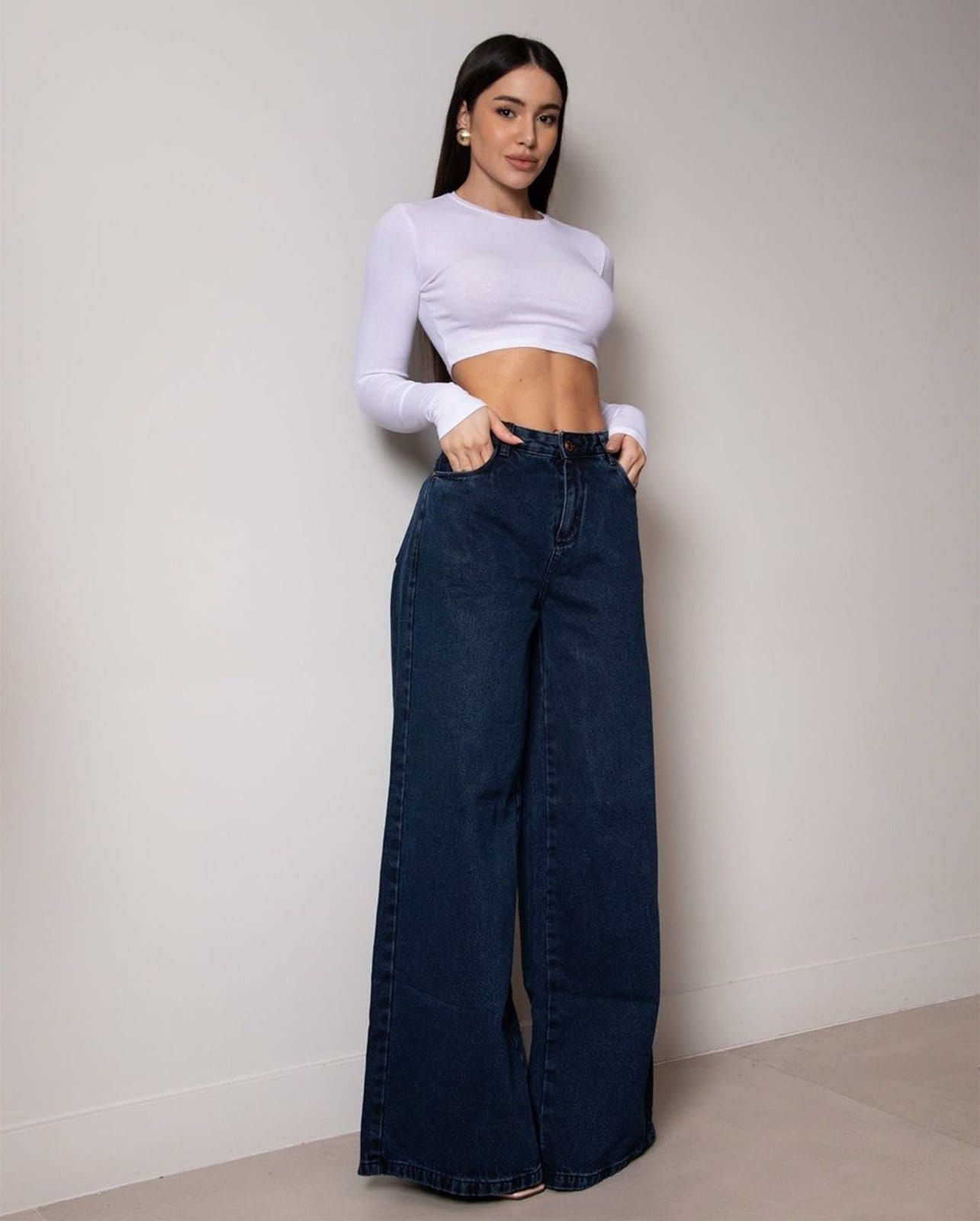 Calça Jeans Wide Leg Feminina Relaxed Cintura Baixa 29909 Black Blue