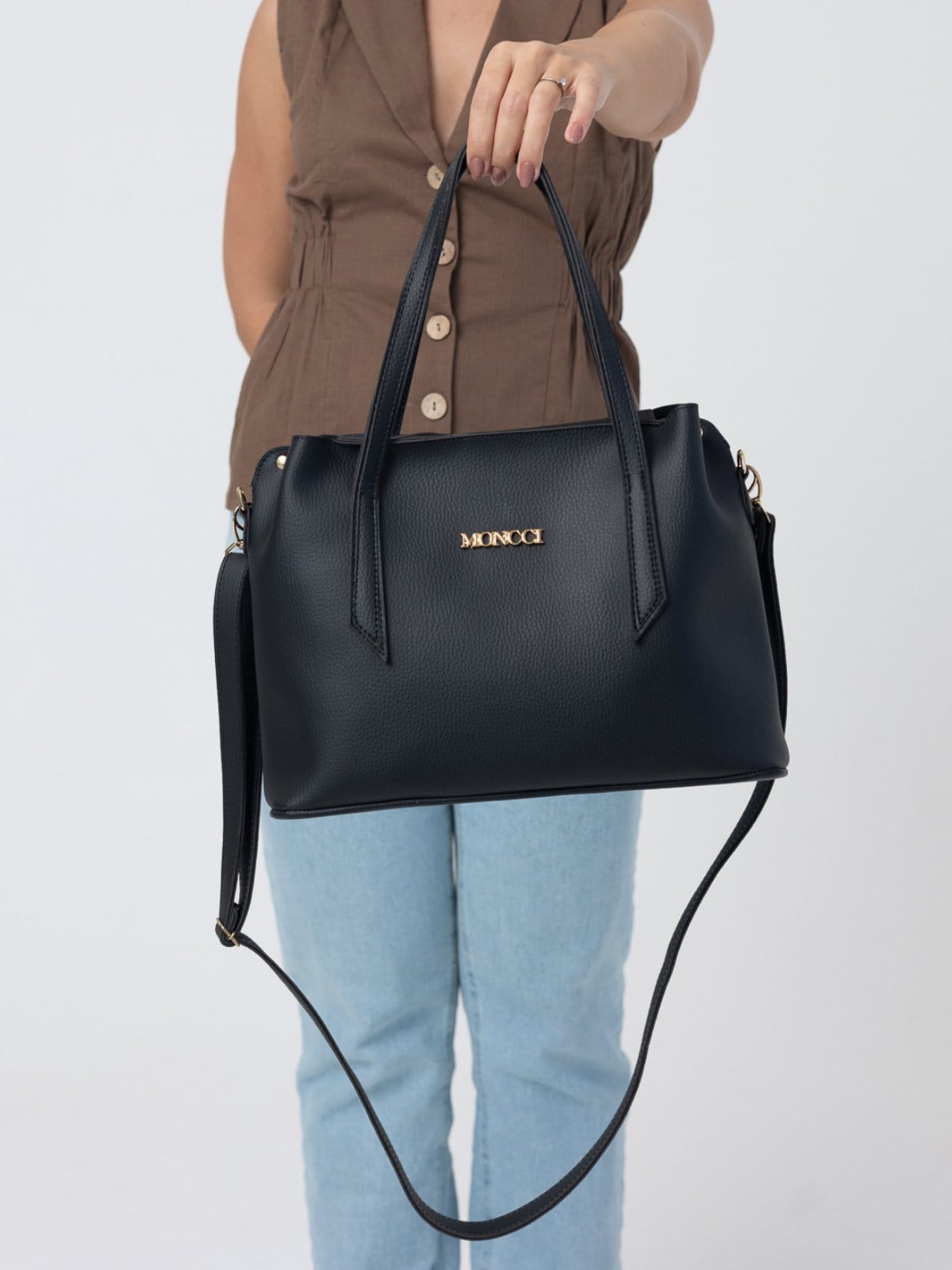 Vista 2 Bolsa Moncci Média Alça transversal e alça de mão Preta MONCCI preto