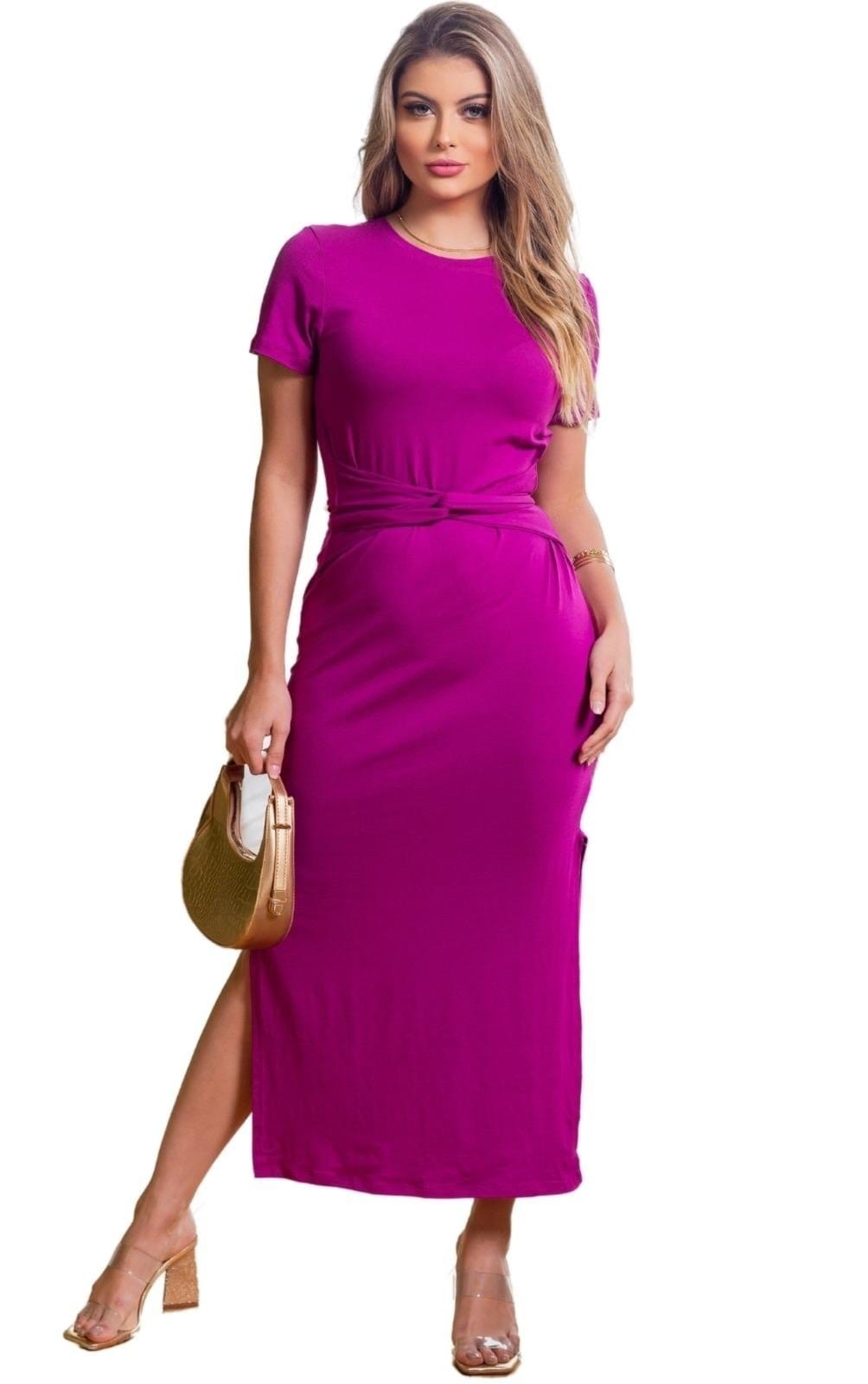 Vestido Midi Laço Manguinha Jugy Fúcsia