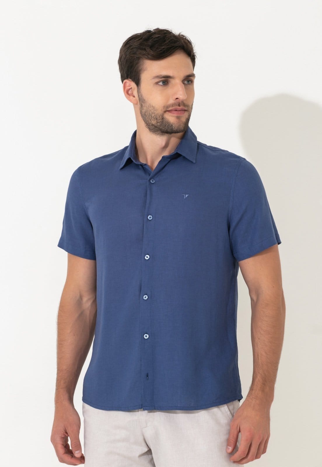 Camisa Linho Traymon Slim Manga Curta Indigo