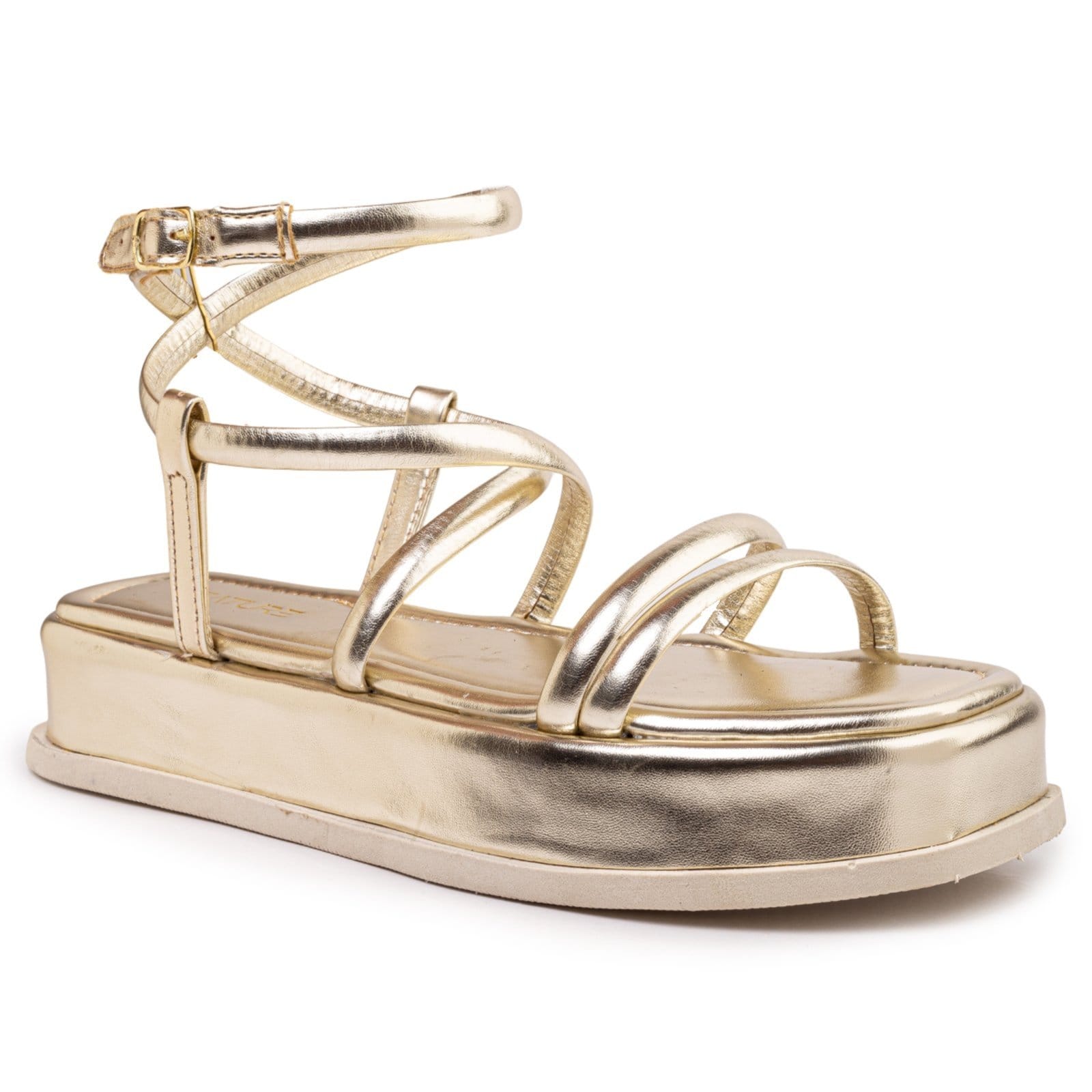 Vista 2 Sandália Feminina Flatform Tiras Metalizada Confortável Moda Met Ouro ZATURE STORES ouro velho