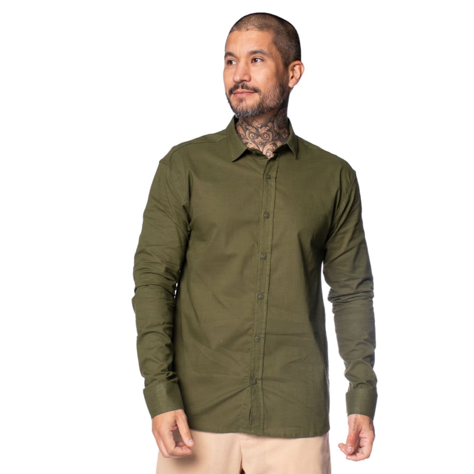 Camisa Masculina Dixie Slim Fit Punho Chanfrado Musgo