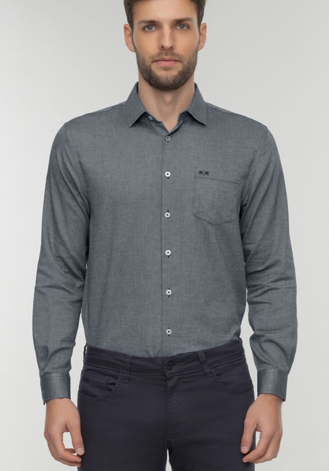 Camisa Comfort De Mangas Longas Com Bolso Em Oxford