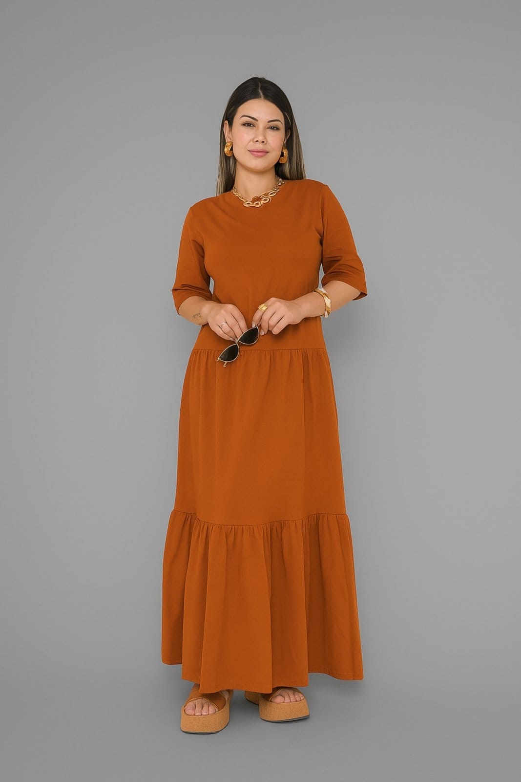 Vestido Longo D Bell Outlet Fashion Manga Curta Terracota