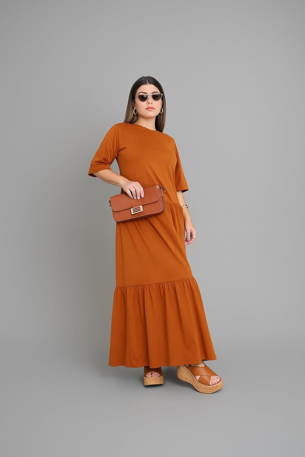 Vista 2 Vestido Longo D Bell Outlet Fashion Manga Curta Terracota D BELL OUTLET FASHION marrom