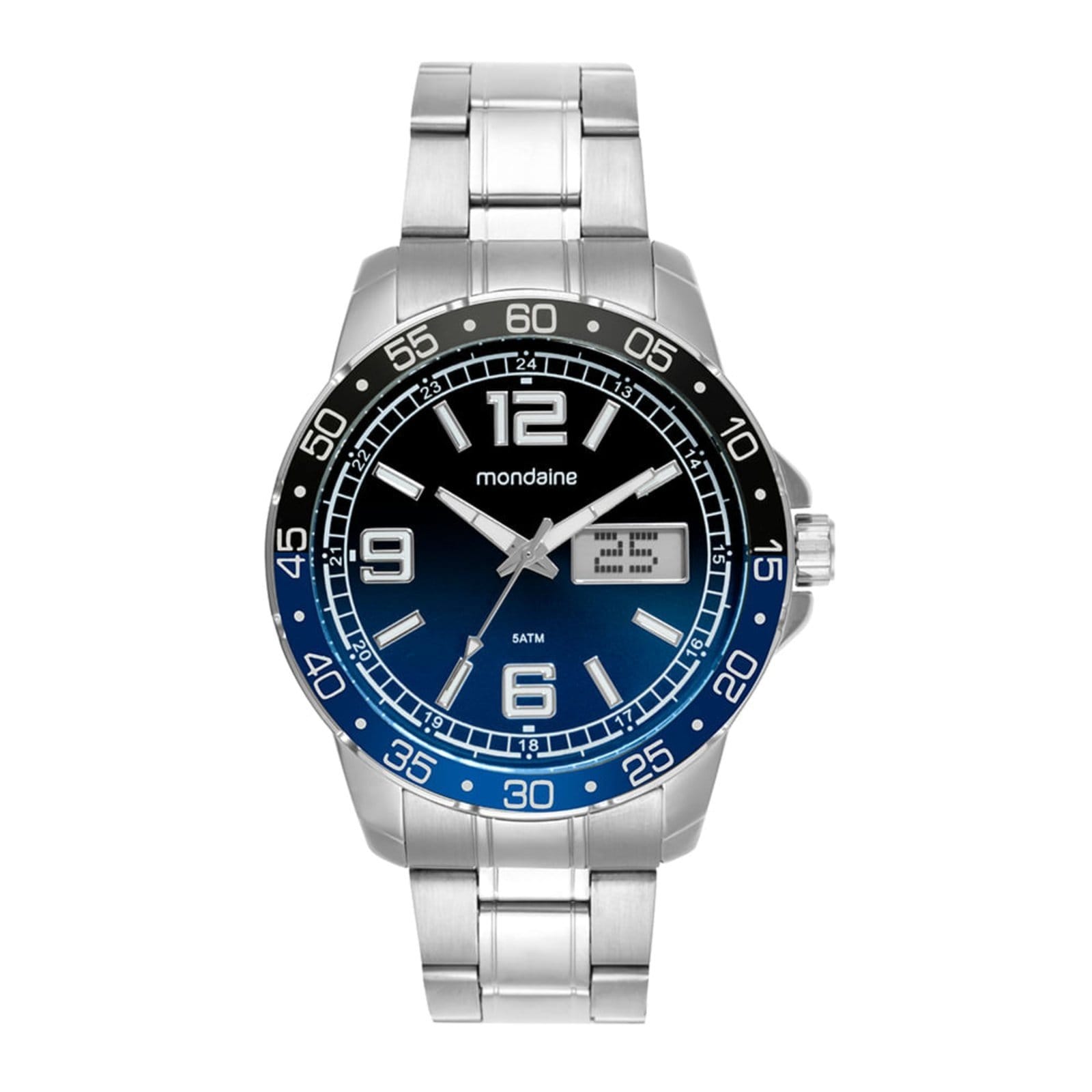 Vista principal Relógio Masculino Mondaine Anadigi Prata Dia Da Semana Azul Mondaine prata azul