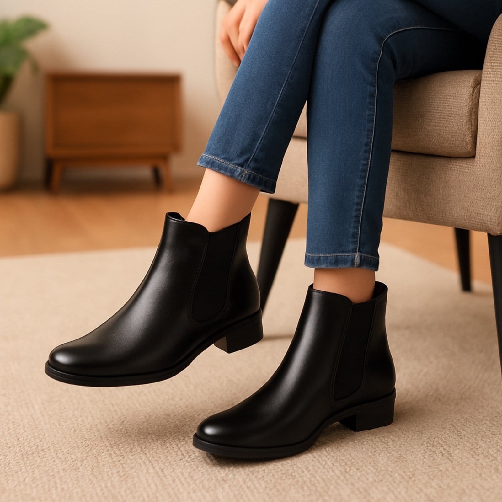 Bota Cano Curto Feminina Bia Ramos em Couro com Elástico Lateral Preta