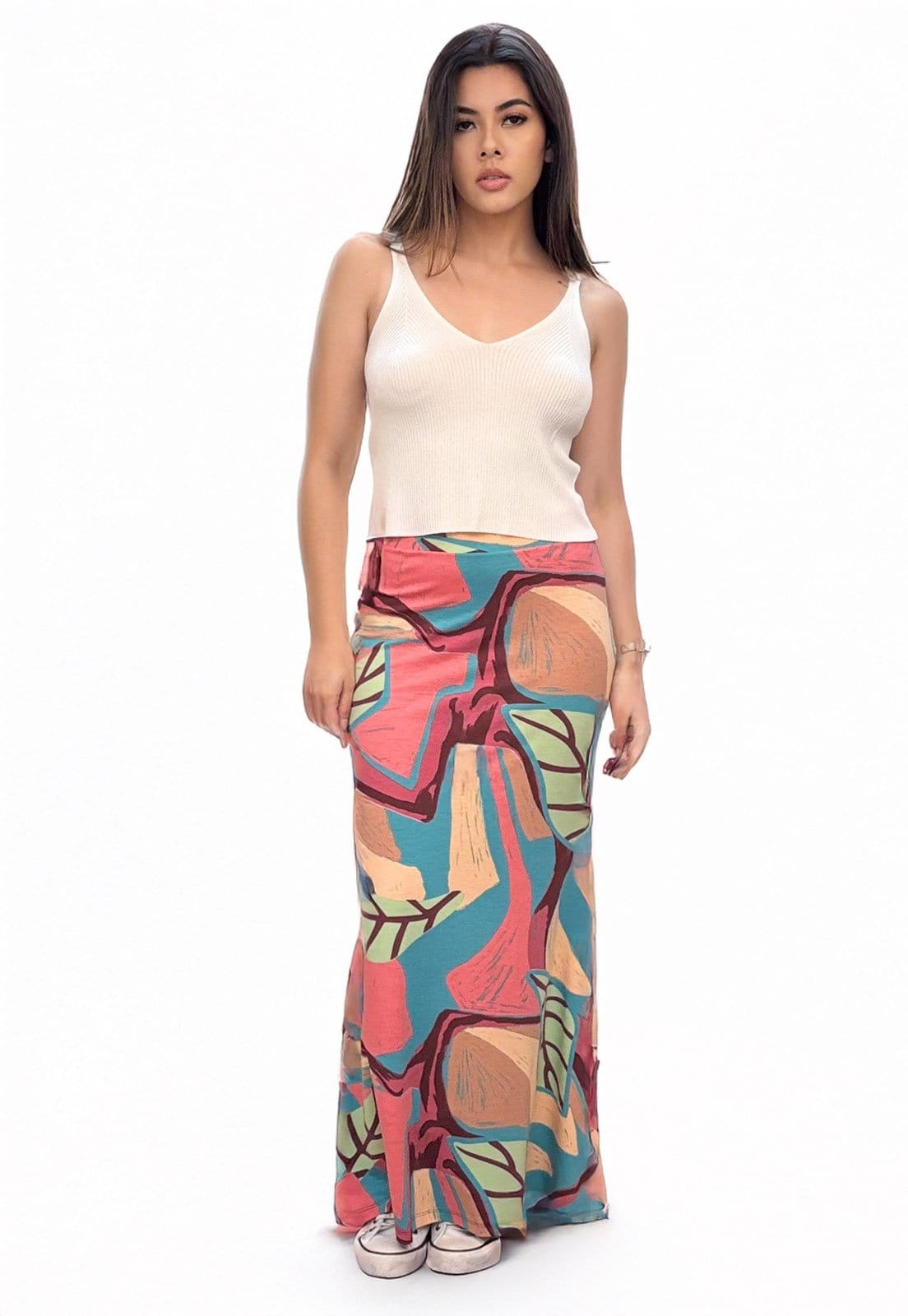 Vista 2 Saia Longa Cabanafree Malha SAZ Estampa Folhagem Rose Cabanafree estampado/rosê rose