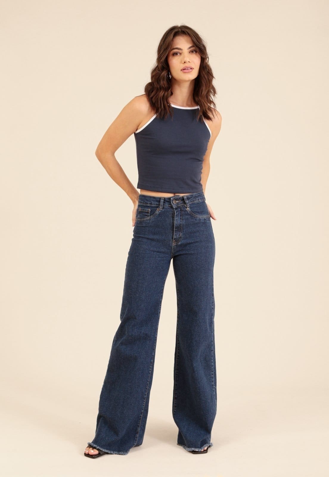 Calça Jeans Pop Me Wide Leg Com Elastano Escuro