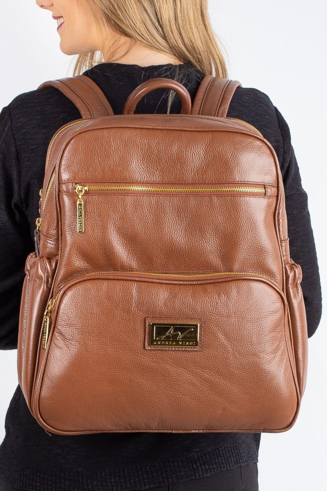 Mochila grande de couro liso Zooey - Whisky