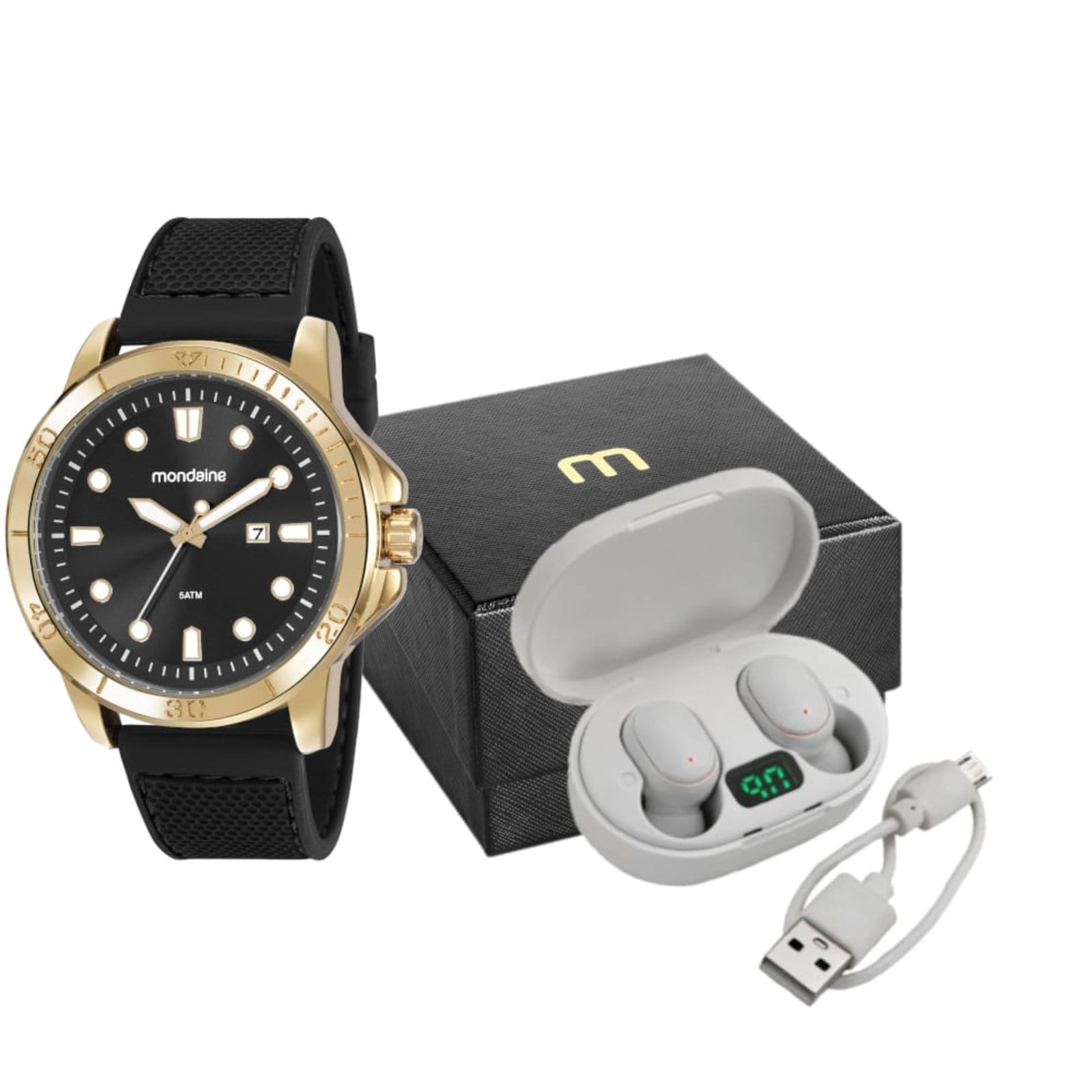 Vista principal Kit Relógio Masculino Dourado Calendário Com Fone Bluetooth Mondaine preto