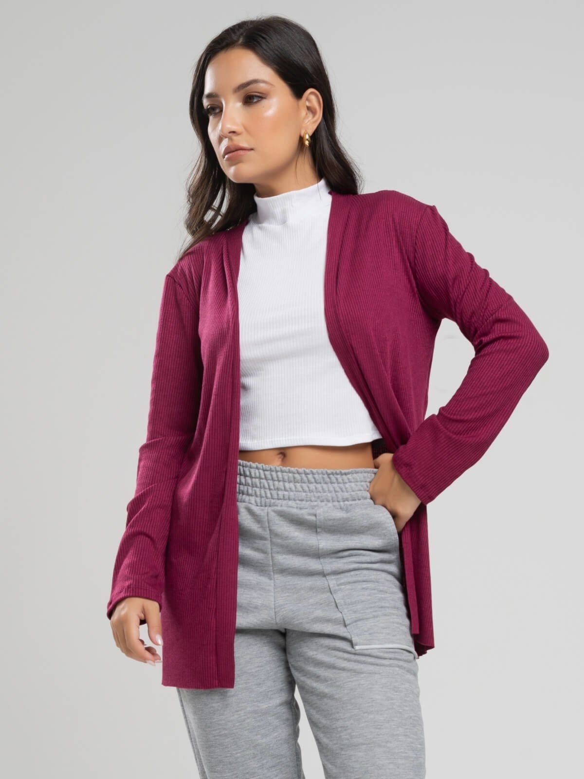 Vista 2 Cardigan Canelado Vicbela Kimono Manga Longa Aberto Vicbela bordô/vinho