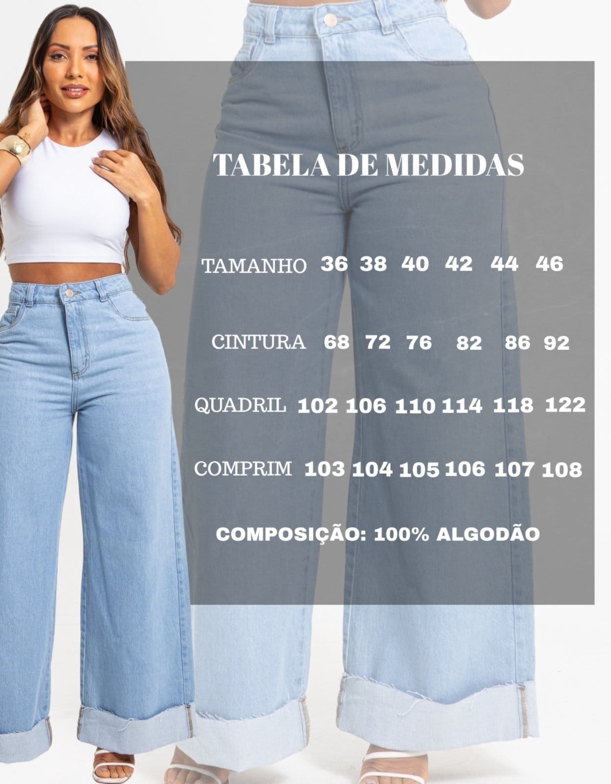Vista 2 Calça Feminina Jeans Wide Leg Barra a Fio Dobrada Cintura Alta Ampla Razon Jeans azul